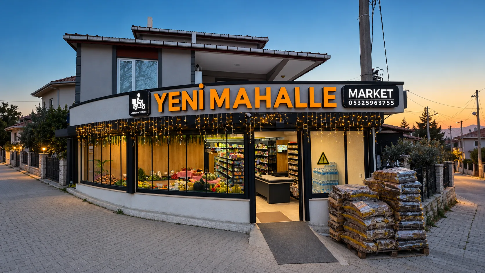 Yeni Mahalle Market'in Kurtuluş Caddesi'ndeki dükkanı, akşam ışıkları yanarken